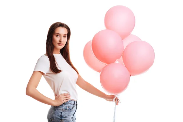 Szczęśliwa Młoda Kobieta Lub Dziewczyna Różowym Tshort Balonów Helem — Zdjęcie stockowe