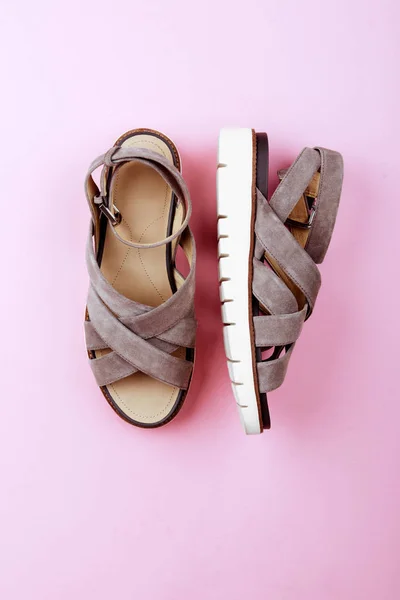 Summer Sandals Pastel Backgrounds Fashion Style Minimalism Set Flat Lay — Stock Photo, Image
