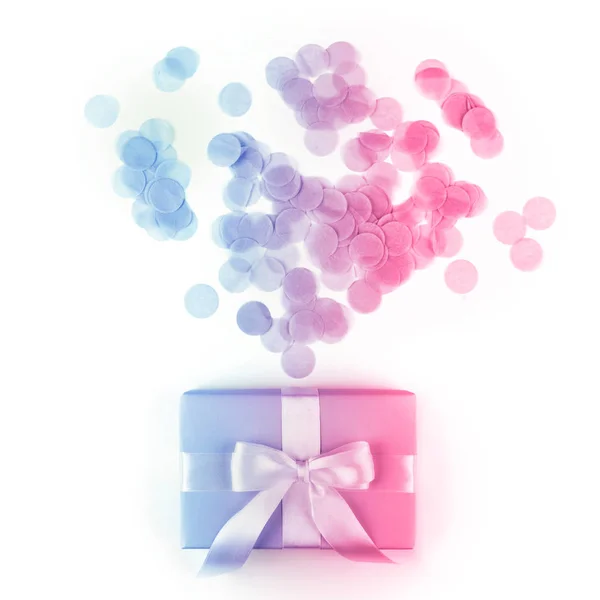 Present Box Pink Bow Colorful Background Multicolored Confetti Flat Lay — Stock Photo, Image