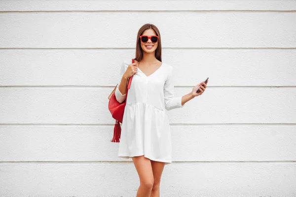 Beautuful Brunette Girl Smartphone Street White Background — Stock Photo, Image