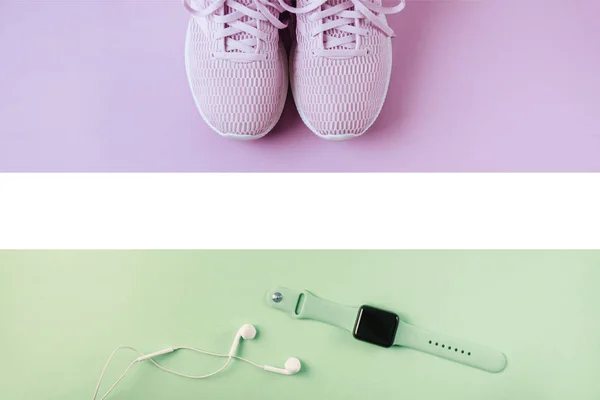 Violet Sneakers Headphones Watches Lay Flat Style Pink Background — Stock Photo, Image