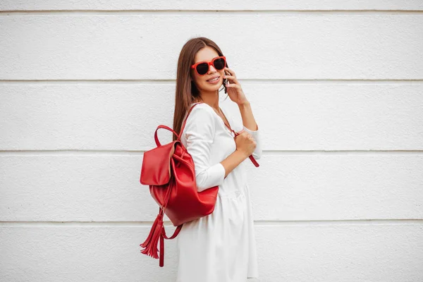 Beautuful Brunette Girl Smartphone Street White Background — Stock Photo, Image