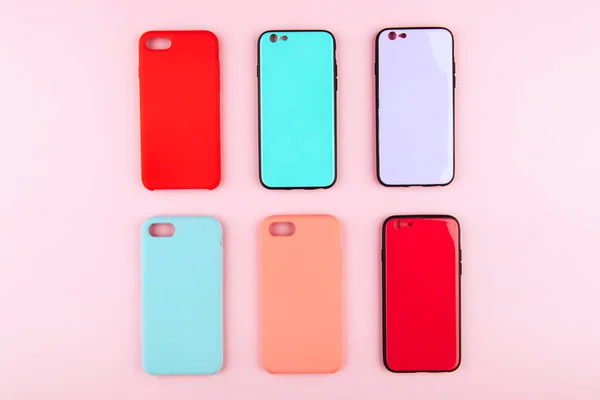 Conjunto Capas Silicone Coloridas Para Telefone Inteligente Fundo Colorido — Fotografia de Stock