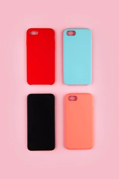 Set Colored Silicone Covers Smart Phone White Background — Stock Photo, Image