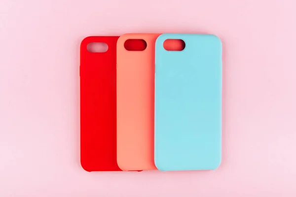 Conjunto Capas Silicone Coloridas Para Telefone Inteligente Fundo Colorido — Fotografia de Stock