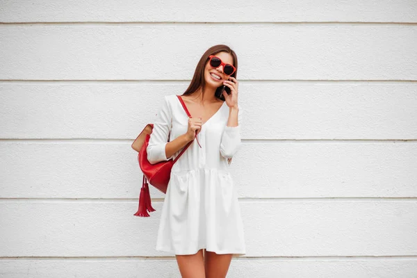 Beautuful Brunette Girl Smartphone Street White Background — Stock Photo, Image