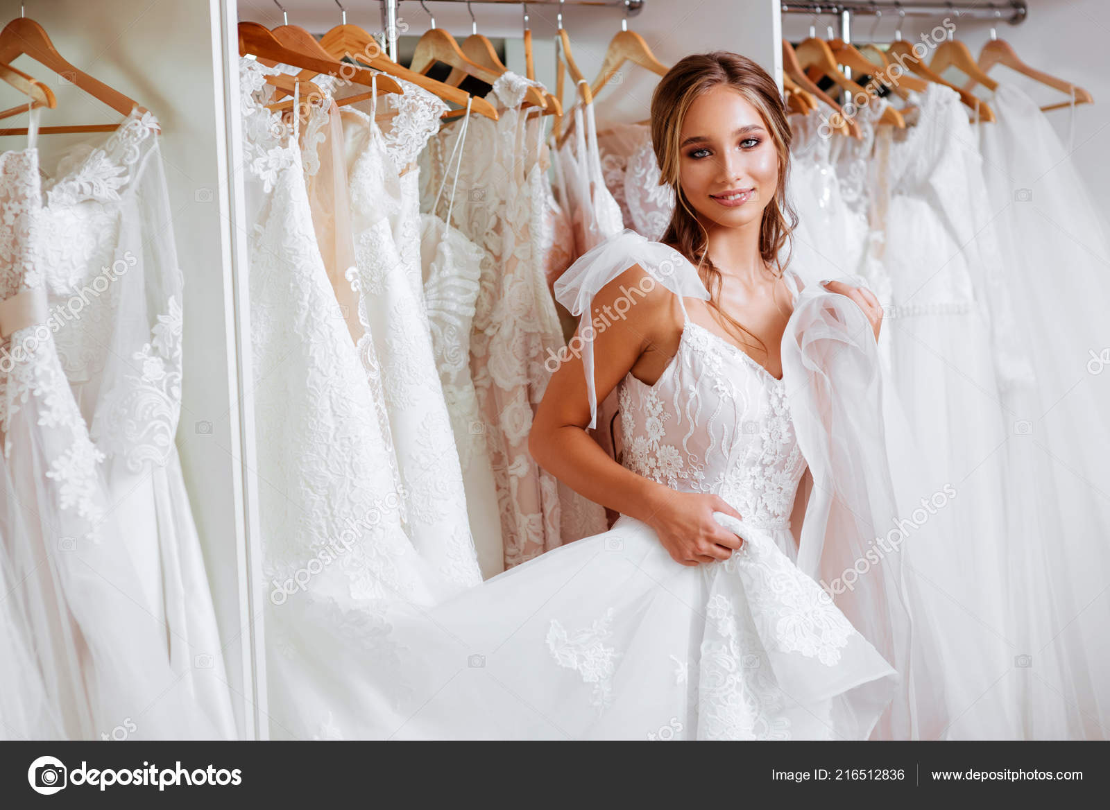 Beautiful Bride Trying Elegant Wedding Dress Modern Wedding Salon