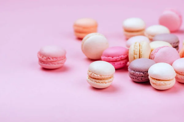 Different Types Macaroons Pink Background Sweet Colourful French Macaroons — Stock Photo, Image