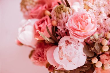 Güzel çiçek çiçekler: peonies, gül, Düğünçiçeği, lale, karanfil, eustoma lisianthks ortanca ihale yaşayan Mercan rengi