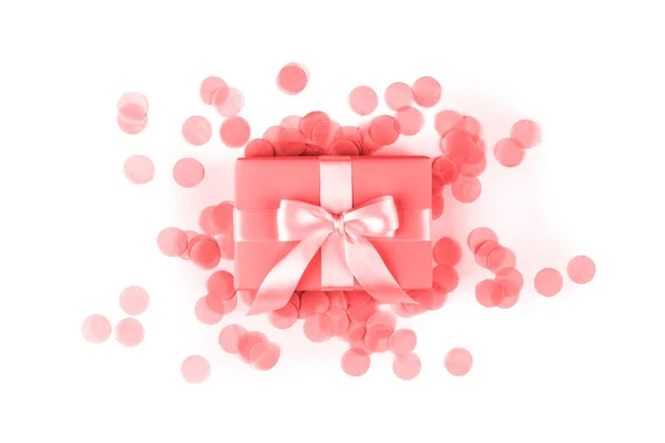 Present Box Pink Bow White Background Multicolored Confetti Flat Lay — Stock Photo, Image