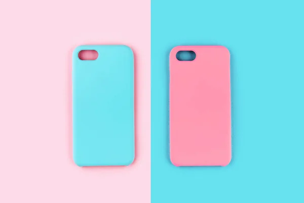 Blaue Und Rosa Pastellfarbe Der Handyhülle Auf Buntem Hintergrund — Stockfoto