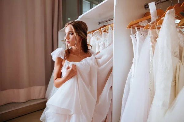 Female Trying Wedding Dress Shop — Stock Photo, Image