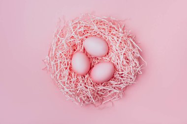 Pembe arka planda Paskalya yumurtaları. Paskalya yuvası.