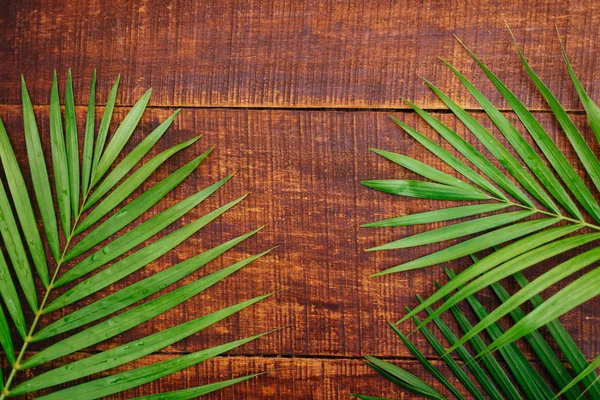 Green palm leaves on a wood floor background — Stock Photo, Image