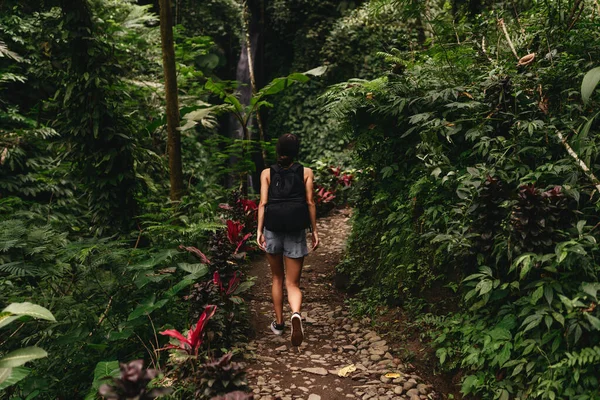 Podróżniczka z plecakiem spacerująca ścieżką po tropikalnym lesie w dżungli, — Zdjęcie stockowe