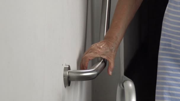 Elderly Woman Holding Handrail Safety Walk Steps — Stock Video
