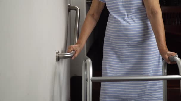 Elderly Woman Holding Handrail Safety Walk Steps — Stock Video