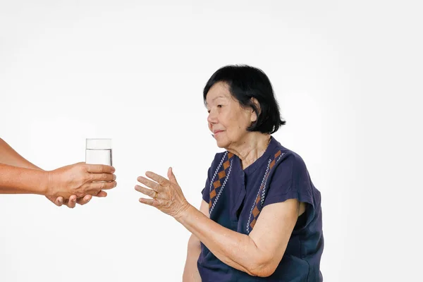 Elderly Woman Gets Glass Water Her Pills Caregiver — Stock Photo, Image