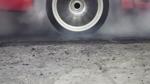 Drag Racing Car Burns Rubber Its Tires Preparation Race — Stock Video