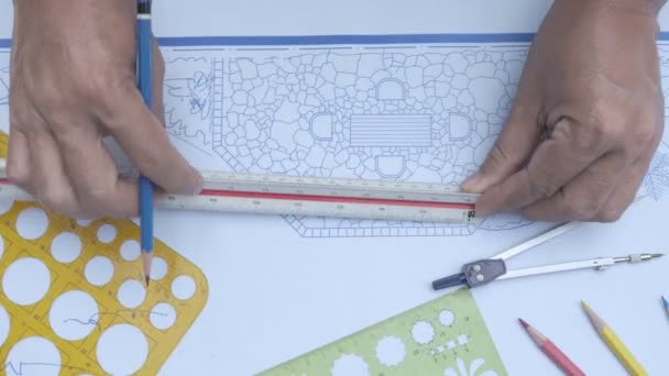 Σχεδιάγραμμα Αρχιτέκτων Τοπίου Κατωφλιών Σχέδιο Σχεδίου Για Βίλα — Αρχείο Βίντεο