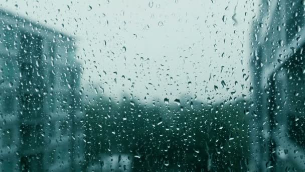 Gotas Lluvia Cristal Ventana Tono Color Azul — Vídeos de Stock