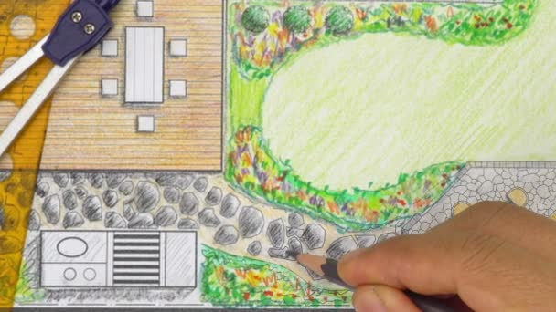 Αρχιτέκτων Τοπίου Σχέδιο Patio Κατωφλιών Για Βίλα — Αρχείο Βίντεο