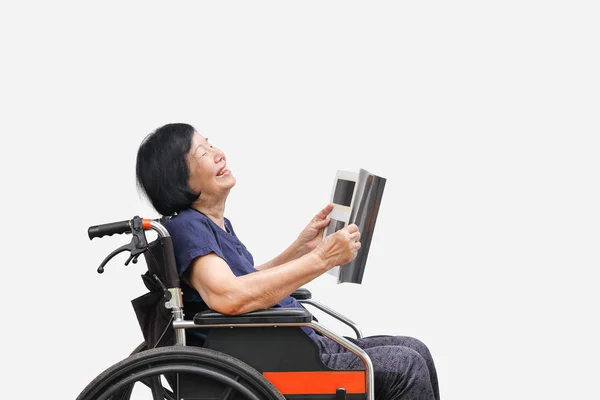 Senior Asian Woman Laughing While Reading Magazine White Background — Stock Photo, Image