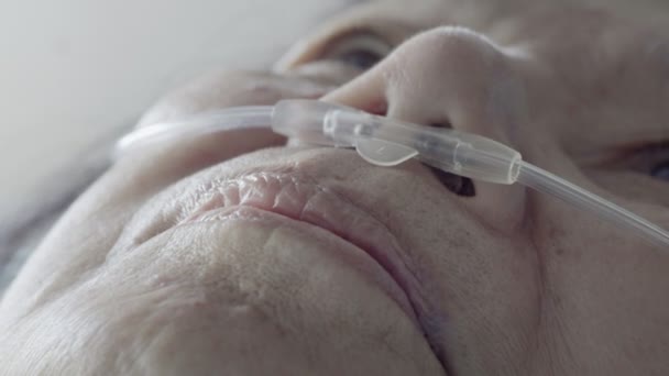 Donna Anziana Con Tubo Respiratorio Nasale Aiutarla Respirare — Video Stock