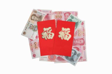 Kırmızı zarf Çin yeni yılı veya hong bao, zarf anlamı iyi şanslar üzerinde metin
