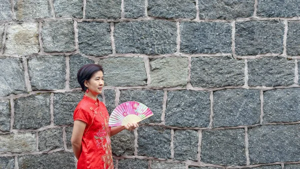 Turista Femenina Solitaria Ropa Tradicional China Con Pared Piedra — Foto de Stock