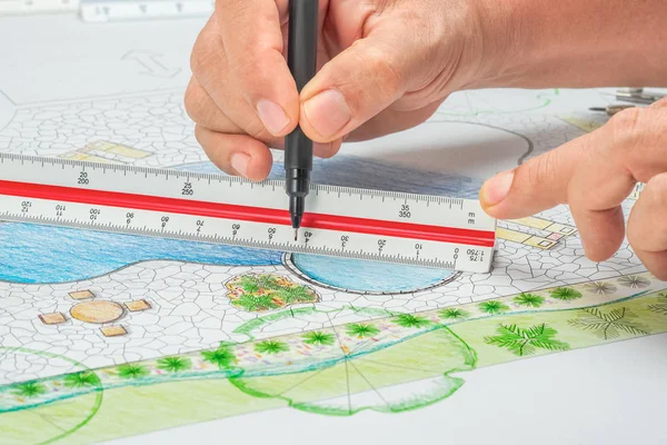 Landscape architect design backyard pool plan with metric scale