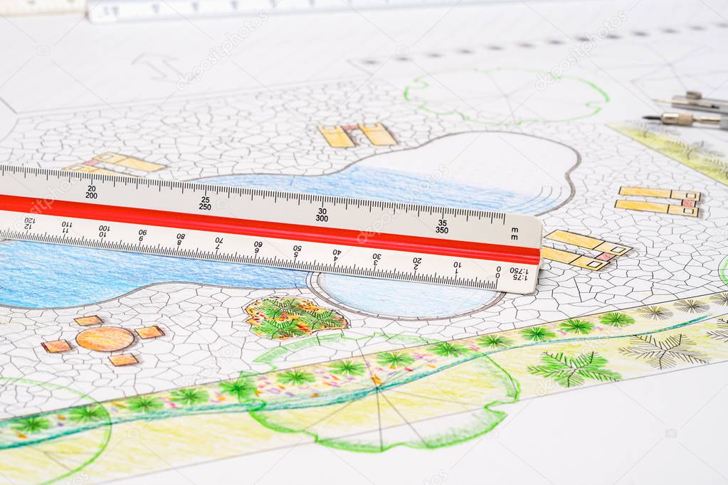 Landscape architect design backyard pool plan with metric scale 