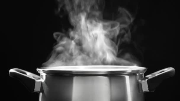 Steam Cooking Pot Kitchen Dark Background — Stock Video