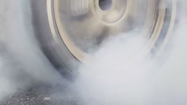 Drag Racing Car Burns Rubber Its Tires Preparation Race — Stock Video