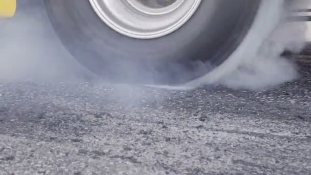 Drag Racing Car Burns Rubber Its Tires Preparation Race — Stock Video