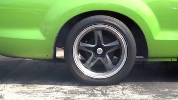 Drag Racing Car Burns Rubber Its Tires Preparation Race — Stock Video