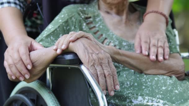 Dotter Hand Äldre Mamma Rullstol Hemma — Stockvideo