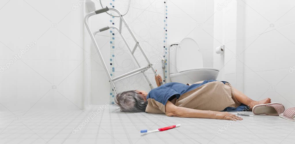Elderly woman falling in bathroom because slippery surfaces