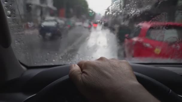 Driving Car Rainy Day Downtown — Stock Video