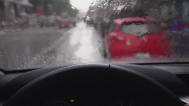 Driving Car Rainy Day Downtown — Stock Video