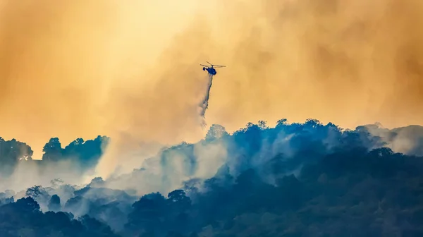 火災ヘリコプターは森林火災に水をダンプ — ストック写真