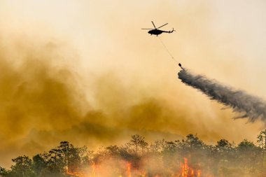 Silüet yangın helikopteri orman yangınına su döküyor.