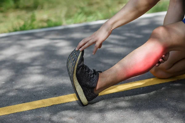 Male Middle Aged Having Cramp While Jogging Stop Massage Calf — Stock Photo, Image