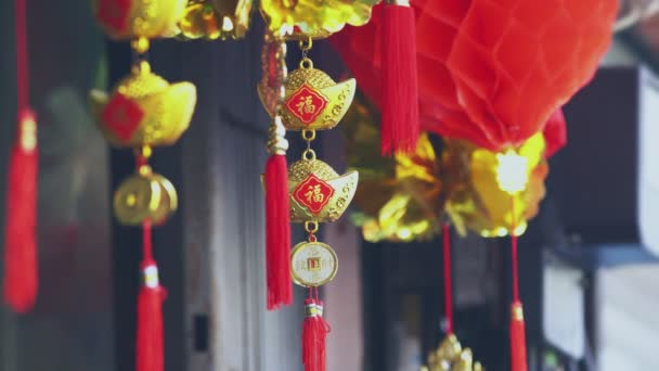 Decorações Ano Novo Chinês Com Bênção Personagem Que Significa Fortuna — Vídeo de Stock