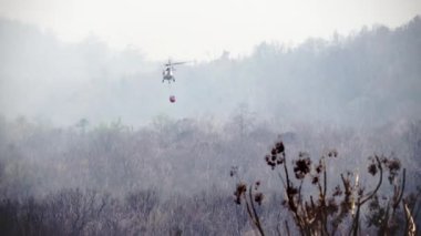 Yangın söndürme helikopteri orman yangınına su bırakıyor.