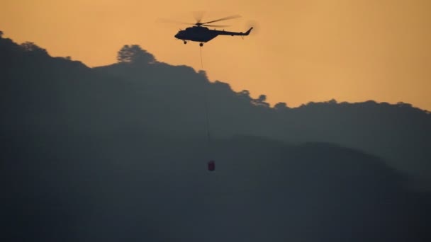 Löschhubschrauber Wirft Wasser Auf Waldbrand — Stockvideo