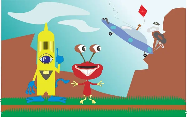 Ufo kazasında iki mutlu yabancı ile öğleden sonra ortasında yeryüzünde 