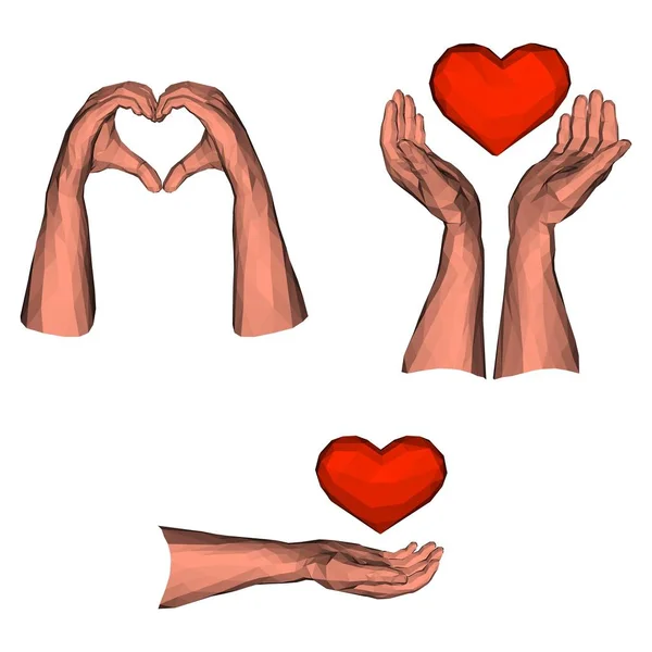 Az alacsony Polifónikus kezek által az elszigetelt szív gesztusok gyűjteménye — Stock Vector
