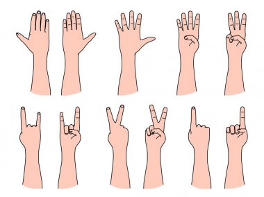 İnsan parmakları ve zafer ve rock müzik gesturing tarafından sayma