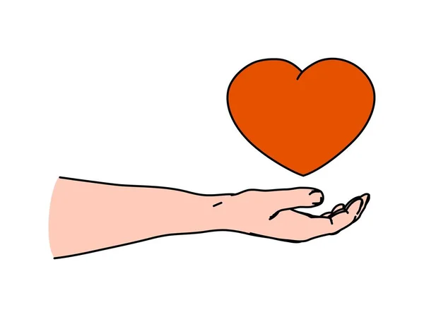 Mano humana que sostiene la forma del corazón como gesto de dar amor y cuidado — Vector de stock